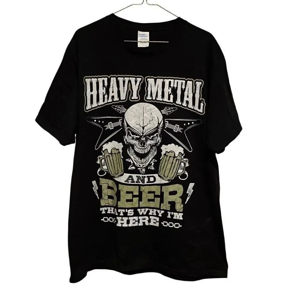 Port and Company Heavy Metal And Beer Funny Graphic T-Shirt Black Size Large